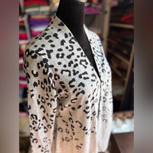 Charter Club Black and Cream Leopard Open Cashmere Cardigan, S